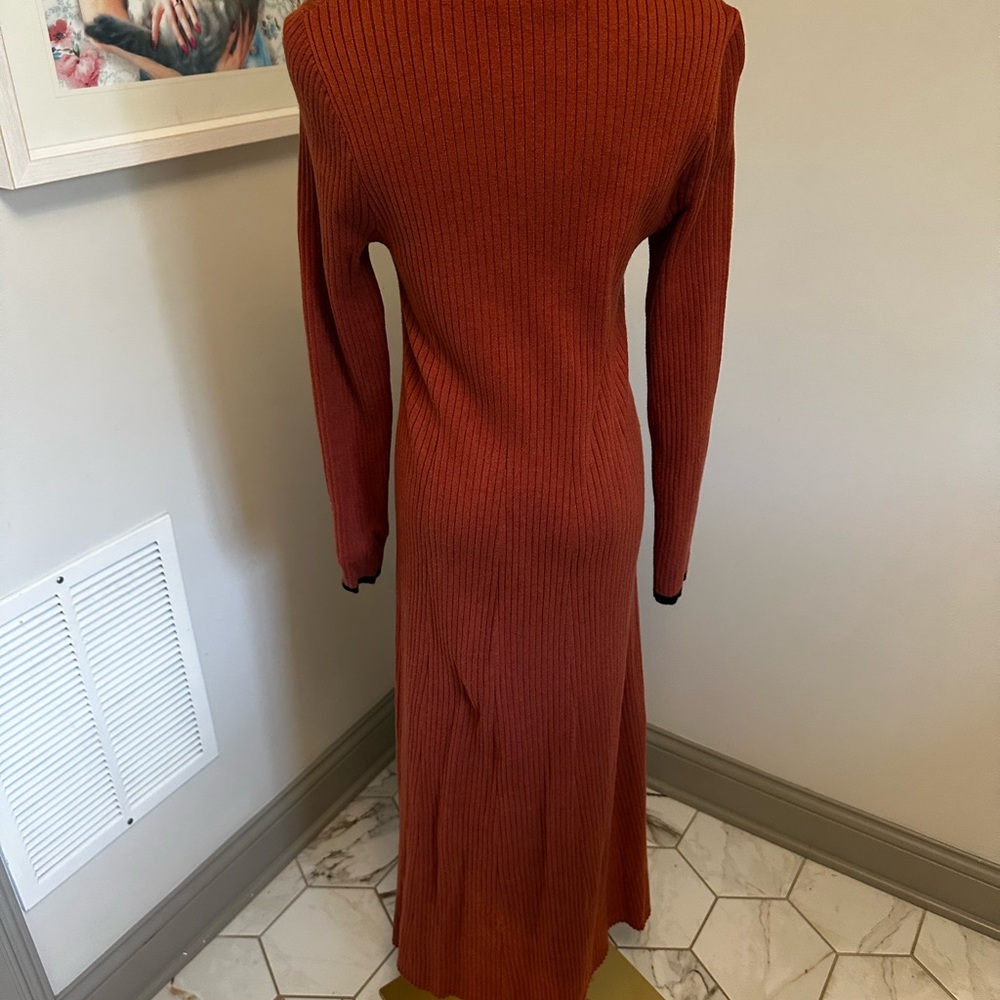 Long-Sleeve Ribbed Midi Dress in Rust with Black Trim - Picture 3 of 3